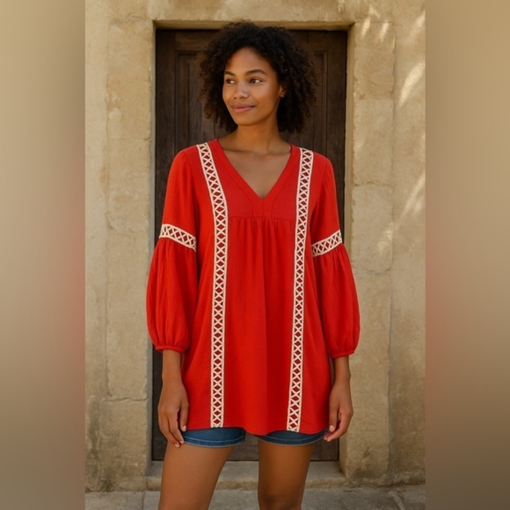 Coral Orange Boho Tunic Dress Crochet Lace Detail Balloon Sleeve EUC M #1304